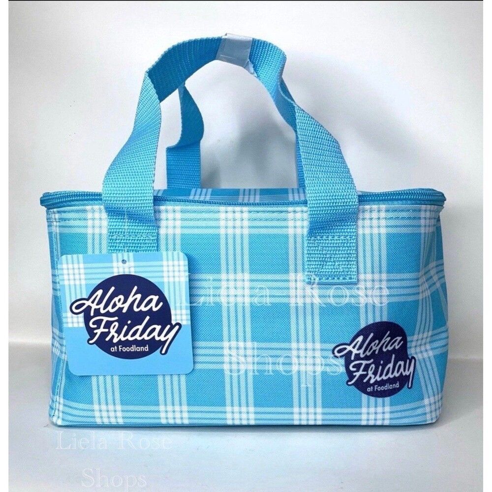 NWT Foodland Hawaii Aloha Friday Blue Palaka Mini Insulated Cooler Bag Tote